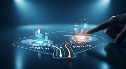 Critical decision-making concept. A holographic interface presents two diverging paths, "Path A" and "Path B," with a finger poised to make a choice.