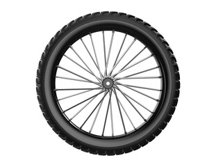 Fototapeta premium HD 3D Render: Aggressive Off-Road Dirt Bike Wheel. Isolated, Highly Detailed Spoked Motorcycle Tire with Knobby Tread and Silver Spokes. Perfect for Extreme Sports and Vehicle Design Projects.