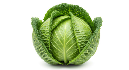 A vibrant green savoy cabbage sits centered against a stark white background in a studio shot style