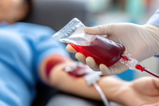 Medical professional holding blood bag during donation process, emphasizing healthcare and transfusion procedures