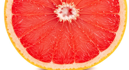 A close up view of a half cut grapefruit showing the juicy red pulp and white center on white background