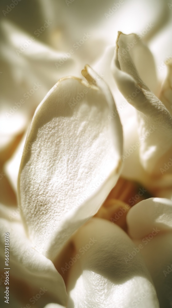 Poster Close-up view of delicate white petals illuminated by soft light in a natural setting, showcasing intricate textures and subtle color variations in springtime