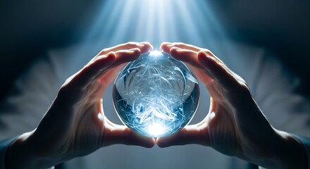 Futuristic Concept of Hands Holding a Digital Globe with Light Rays and Network Connections