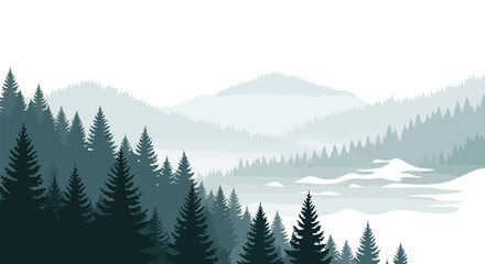 Fototapeta premium Layered mountains and evergreen forests in muted tones creating a serene and peaceful scenic view, evoking the tranquility of untouched wilderness