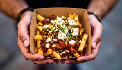 A person holding a delicious box of freshly made Canadian poutine with french fries, gravy, and cheese curds