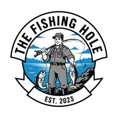 Fisherman logo design with his catch. Vintage badge style.
