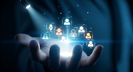 Inspiring leadership concept. An open hand emanates a light that empowers a group of people icons, symbolizing a leader who inspires their team.