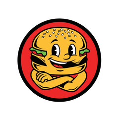 Burger Mascot Logo Design Vector Illustration with Character Crossing Arms in Vintage Cartoon Style