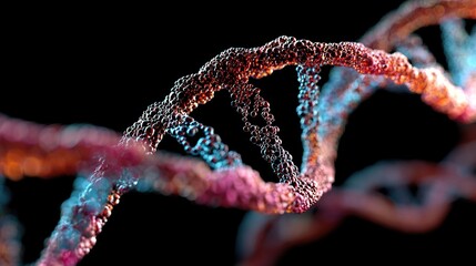 A detailed, close-up CGI rendering of a double helix DNA structure with vibrant orange, pink, and blue hues against black