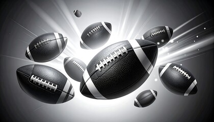 Multiple American footballs, rendered in grayscale, appear to be in mid-air, with a dynamic, spotlight effect.