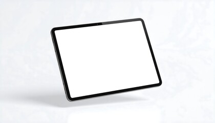 A modern tablet computer displays a blank white screen against a simple, light-gray background.