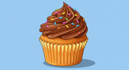 A cartoon illustration of a cupcake with chocolate frosting and colorful sprinkles on a light blue background