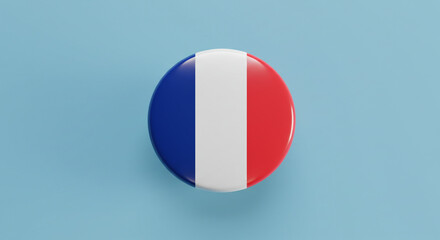 A glossy button displaying the french flag on a light blue background in a centered composition