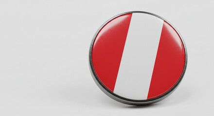 A close up of a peruvian flag pin badge with a metal border on a plain white background studio shot