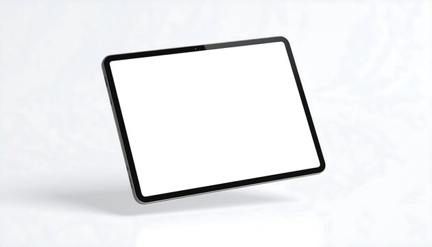 A modern tablet computer displays a blank white screen against a simple, light-gray background. - Powered by Adobe