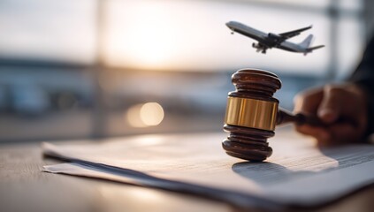 Wooden Gavel on Airplane Flight Deck with Legal Documents and Blurred Aircraft in Airport Background