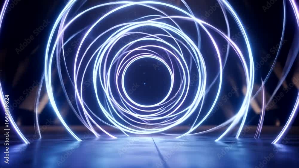 Poster abstract neon light circles create a futuristic tunnel effect.