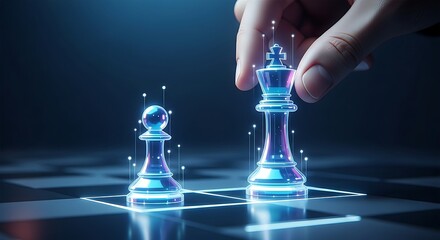 Competitive advantage concept. A strategist's hand moves a holographic king chess piece into a checkmate position against a pawn, symbolizing market dominance.