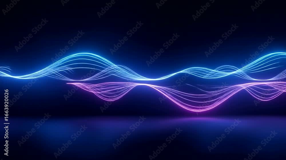Aufkleber neon glowing lines form abstract wave patterns in a dark space.