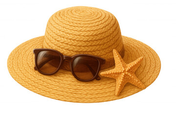 Summer vacation essentials: straw sunhat, stylish sunglasses, decorative starfish creating serene beach mood against clean white backdrop