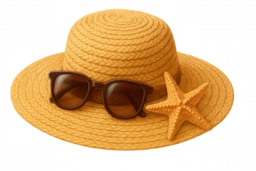 Summer vacation essentials: straw sunhat, stylish sunglasses, decorative starfish creating serene beach mood against clean white backdrop