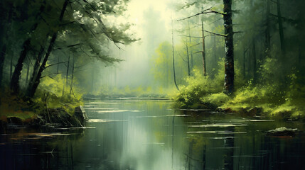 Peaceful Forest Lake with Trees for Relaxation and Wellness"