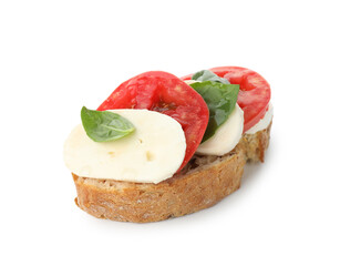 Delicious sandwich with mozzarella cheese, tomatoes and basil isolated on white