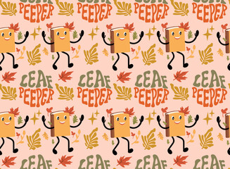 Groovy Leaf Peeper seamless patern with Book Mascot. Herbarium school home task. Retro Autumn Circle Badge Design.