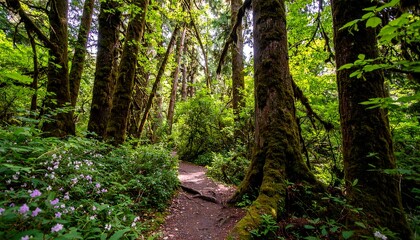 Fototapeta premium Lush green forest trail winds through a mossy woodland, dappled sunlight filtering through the canopy.