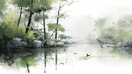 Sunlit Forest Lake with Trees and Natural Beauty