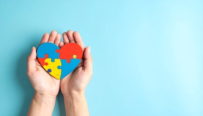 Hands holding a colorful puzzle heart on a light blue background