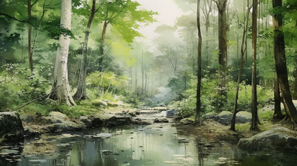 Sunlit Forest Lake with Trees and Natural Beauty