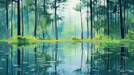 Sunlit Forest Lake with Trees and Natural Beauty