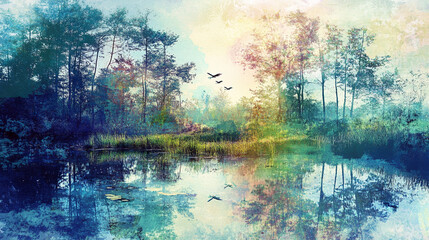 Sunlit Forest Lake with Trees and Natural Beauty