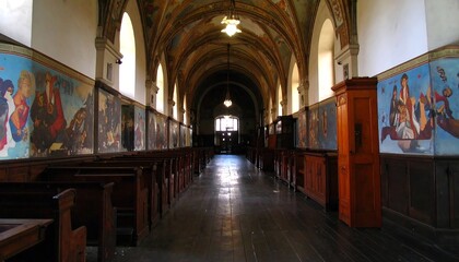 Obraz premium Long church aisle with murals