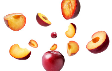 Fresh ripe plums swirling in air against white background