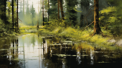 Sunlit Forest Lake with Trees and Natural Beauty