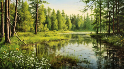 Sunlit Forest Lake with Trees and Natural Beauty