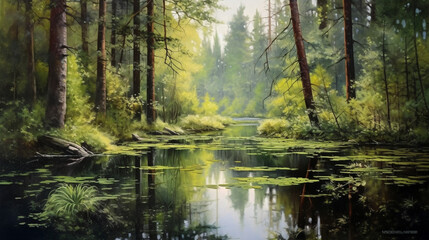 Sunlit Forest Lake with Trees and Natural Beauty