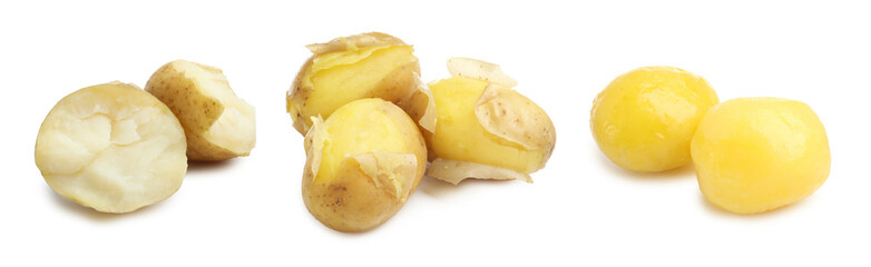 Tasty boiled potatoes isolated on white, set