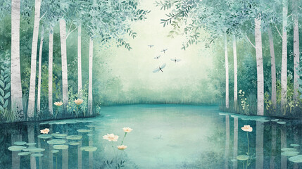 Sunlit Forest Lake with Trees and Natural Beauty