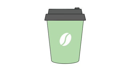 Pastel green takeaway coffee cup with stylized bean graphic and gray lid illustration offering refreshment and energy with caffeine boost