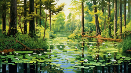 Sunlit Forest Lake with Trees and Natural Beauty