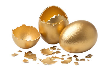 A set of golden eggs with broken shells ,templates are isolated on a transparent background .vector illustration 