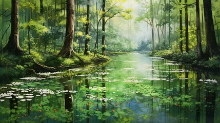 Sunlit Forest Lake with Trees and Natural Beauty