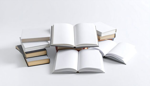 Several open books with blank pages, displayed in a stacks, creating a minimalist and educational composition on a light background.