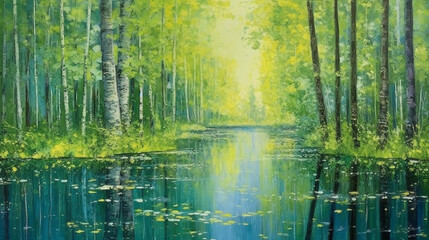 Sunlit Forest Lake with Trees and Natural Beauty