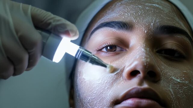 Close Up of Young Woman Receiving HydraFacial Treatment with Bright Lighting Showing Skincare Procedure and Cream Application in a Beauty Clinic. Ads, Advertisement, Promotion