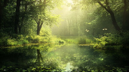 Sunlit Forest Lake with Trees and Natural Beauty