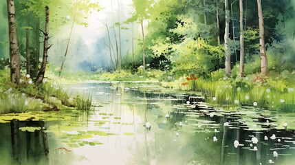 Sunlit Forest Lake with Trees and Natural Beauty